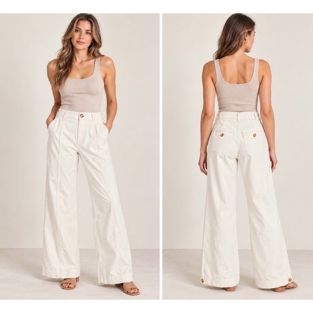Anthropologie Cream Wide Leg Pants Womens US 0 High Rise Cotton Stretch Trouser